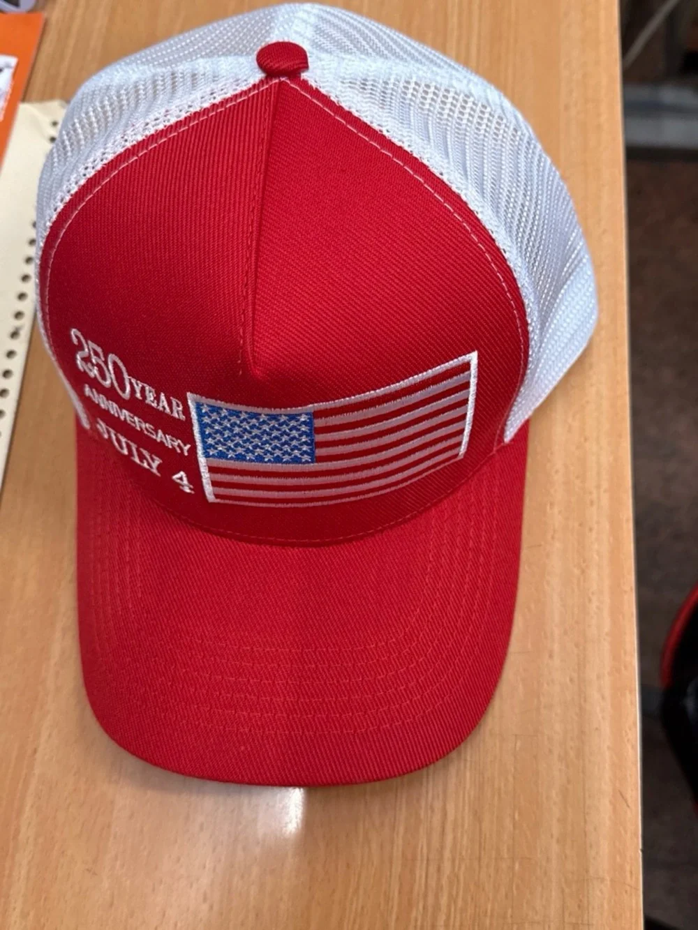 Red July 4th Anniversary Trucker Hat with American Flag